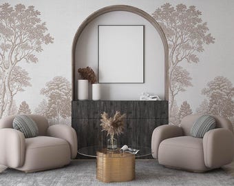 Papel pintado beige con árboles antiguos y brumosos