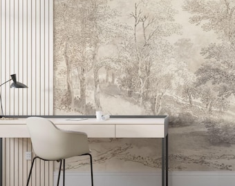 Papel pintado beige con árboles antiguos y brumosos