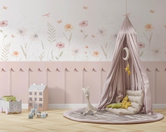 Wallpaper with a 3D wood look on the bottom and soft colored flowers on the top.