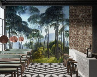 Papel pintado con textura de paisaje antiguo y brumoso verde.