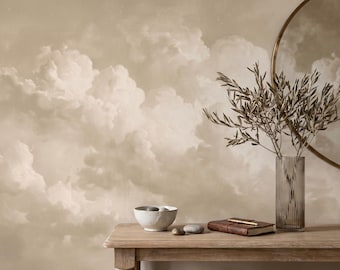Tapeta w stylu vintage z chmurami, tapeta z chmurami w odcieniach kremowego beżu