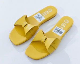 Women's Square Toe Flat Slides with Bow Accent | Colorful Slippers in Yellow, Purple, Pink,Red and Black | Comfortable Open Toe Gift for Her