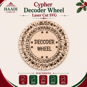 Puede incluir: Una rueda decodificadora circular de madera con grabados láser del alfabeto, números y varios iconos. El centro está marcado con el texto DECODER WHEEL. El diseño incluye varios iconos de formatos de archivo en la parte inferior.