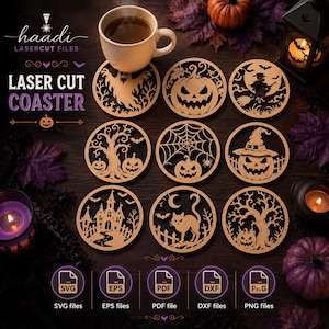 May include: A set of nine circular wooden laser-cut coasters featuring Halloween designs including a ghost, jack-o'-lanterns, a witch on a broom, a spider web, a haunted house, and a black cat. The image includes text labels for SVG, EPS, PDF, DXF, and PNG files.