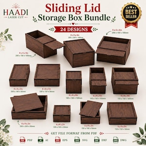 May include: A bundle of dark brown wooden storage boxes with sliding lids in various sizes, labeled with dimensions in inches and centimeters. The text reads Haadi Laser Cut, Sliding Lid Storage Box Bundle, 24 Designs, and Best Seller.