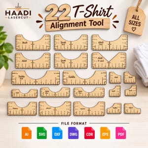 May include: A set of 22 light-colored wooden T-shirt alignment tools featuring various neck shapes and sizes labeled for infant, toddler, youth, and adult garments. Each tool includes printed inch measurements and center markings for precise placement.