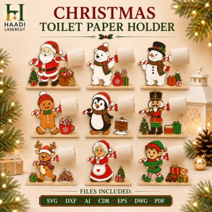 May include: A collection of nine wooden Christmas toilet paper holders featuring colorful illustrations of Santa, a polar bear, a snowman, a gingerbread person, a penguin, a nutcracker, a reindeer, Mrs. Claus, and an elf, with text reading CHRISTMAS TOILET PAPER HOLDER.