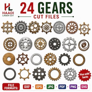 Peut inclure: Une collection de 24 modèles d'engrenages dans diverses teintes métalliques de bronze, cuivre et argent. L'image comprend le texte 24 GEARS CUT FILES, un logo HAADI LASER CUT, une étoile rouge avec le texte Plus solid backs et les formats DXF, EPS, JPG, PDF, PNG et SVG.