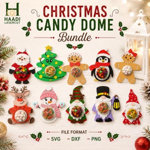 Peut inclure: Un ensemble numérique de modèles de dômes à bonbons de Noël comprenant dix personnages de style découpe laser, dont le Père Noël, un sapin, des bonshommes en pain d'épices, un pingouin, un renne, un bonhomme de neige et des gnomes.