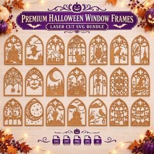May include: A digital collection of twenty-one laser-cut style Halloween window frames in a light wood tone. The designs feature gothic arches with motifs including haunted houses, witches, ghosts, cats, owls, skeletons, skulls, and pumpkins.