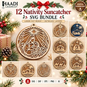May include: A digital download bundle featuring 12 circular Nativity suncatcher designs for laser cutting. The SVG files include detailed layered scenes of the Nativity, angels, and camels, presented in wood-toned circular ornaments.