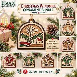 Puede incluir: Un paquete de descarga digital de 8 adornos navideños de madera en capas con forma de molino de viento, con varios diseños de paisajes con casas, árboles y estrellas. El texto dice "CHRISTMAS WINDMILL ORNAMENT BUNDLE", "8 DISTINCT DESIGNS INCLUDED" y "SVG BUNDLE DIGITAL DOWNLOAD".