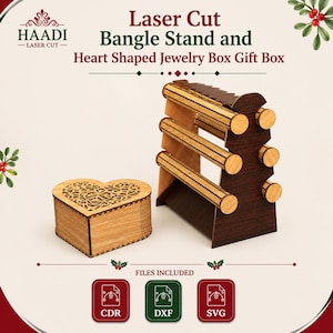 Puede incluir: Un soporte para brazaletes de madera cortado con láser con tres barras horizontales y un joyero en forma de corazón con una tapa de filigrana. El texto HAADI LASER CUT, Laser Cut Bangle Stand and Heart Shaped Jewelry Box Gift Box, y CDR, DXF, SVG son visibles.