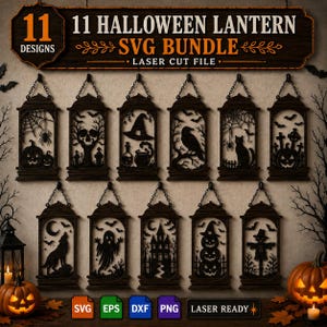 11 Halloween Lantern SVG Laser Cut Bundle, Wall Decor Hangings