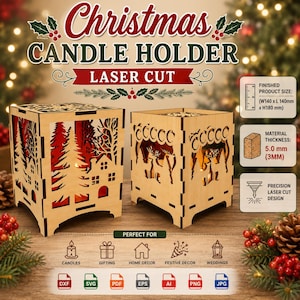 May include: Two square laser-cut wooden candle holders featuring intricate winter scenes of houses, trees, and reindeer. The finished product size is W140 x L140 x H180 mm, with a material thickness of 5.0 mm. The design includes text: Christmas Candle Holder.