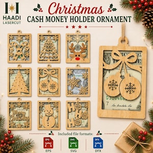 May include: A collection of rectangular wooden Christmas cash money holder ornaments featuring laser-cut designs including candy canes, trees, reindeer, snowflakes, ornaments, snowmen, and the text Merry Christmas and HO HO HO.
