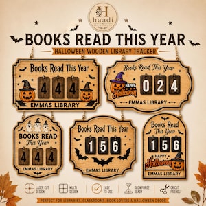 Puede incluir: Cinco rastreadores de biblioteca de madera con placas numéricas colgantes, con motivos de Halloween como calabazas, fantasmas y murciélagos. Cada letrero muestra el texto Books Read This Year y Emmas Library, con detalles cortados a láser.