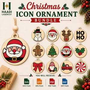 May include: A digital bundle of Christmas icon ornaments featuring circular wooden designs with festive graphics including Santa, a snowman, reindeer, gingerbread man, Christmas tree, gnome, truck, and peppermint. Includes SVG, EPS, PDF, and DXF files.