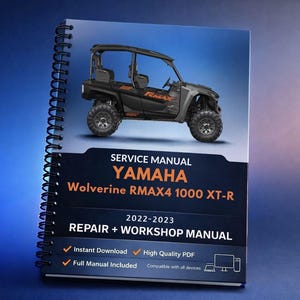 Puede incluir: Manual de servicio encuadernado en espiral para el Yamaha Wolverine RMAX4 1000 XT-R, modelos 2022-2023. La portada presenta un vehículo todoterreno negro y gris. El texto incluye "Reparación + Manual de taller" e información de descarga.