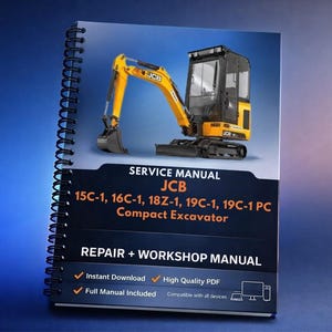 May include: A spiral-bound service manual for a JCB compact excavator. The cover features a yellow and black excavator model. Text on the cover reads "SERVICE MANUAL JCB Compact Excavator REPAIR + WORKSHOP MANUAL".
