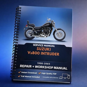 May include: A spiral-bound service manual for the Suzuki Vs800 Intruder motorcycle. The cover features a black motorcycle and the text "SERVICE MANUAL SUZUKI Vs800 INTRUDER 1998-2003 REPAIR + WORKSHOP MANUAL".