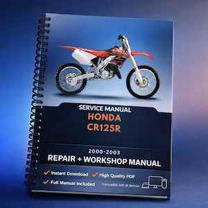以下が含まれることがあります： ホンダCR125Rオートバイのサービスマニュアル。表紙には赤と白のオフロードバイクが描かれています。マニュアルには「Service Manual Honda CR125R」と記載されており、2000年から2003年までの「Repair + Workshop Manual」が含まれています。