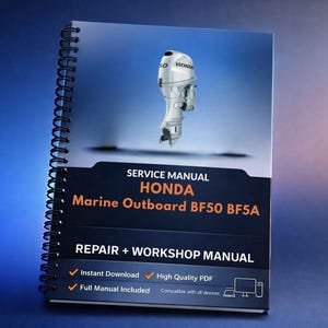 Puede incluir: Manual de servicio encuadernado en espiral para un motor fueraborda marino Honda BF50 BF5A. La portada presenta una imagen del motor fueraborda sobre un fondo degradado azul. El texto incluye "Manual de servicio", "Reparación + Manual de taller" e información de descarga.