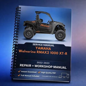 Puede incluir: Manual de servicio encuadernado en espiral para el Yamaha Wolverine RMAX2 1000 XT-R. La portada presenta un vehículo todoterreno negro y naranja. El texto incluye "Service Manual", "Repair + Workshop Manual", y "2022-2023".