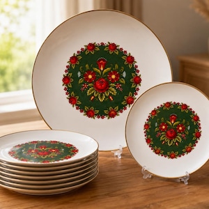 Vintage Mitterteich Bavaria Cake Set | 8 Dessert Plates & Large Cake Platter | Red Green Floral | Gold Trim | German Porcelain
