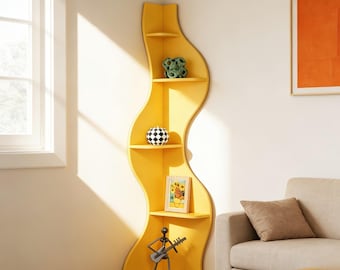 Estante de canto com 5 prateleiras, estante moderna preta com design independente, material de madeira, extremidades sem acabamento, adequada para sala de estar e quarto.