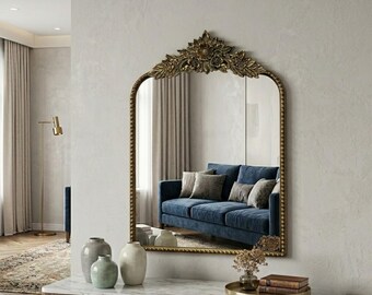 Arched Floor Mirror | Vintage Golden Floral Frame Wall Mirror | Metal Frame Wall Decor for Entryway, Bedroom, Living Room, Bathroom, Office