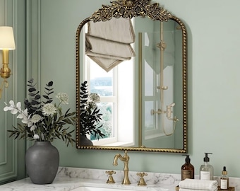 Arched Floor Mirror | Vintage Golden Floral Frame Wall Mirror | Metal Frame Wall Decor for Entryway, Bedroom, Living Room, Bathroom, Office