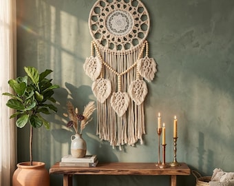 Boho Wall Hanging with 5 Woven Leaves & Wooden Beads, Large Macrame Tassel Decor for Bedroom, Thanksgiving, Featherless Home Ornament