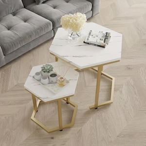 Hexagonal Nesting Side Tables Set of 2, Marble Effect End Table, Metal Legs Space Saving Small Coffee Table Set for Bedroom, Living Room