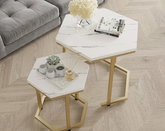 Hexagonal Nesting Side Tables Set of 2, Marble Effect End Table, Metal Legs Space Saving Small Coffee Table Set for Bedroom, Living Room