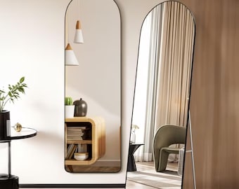 Espejo de pie arqueado de cuerpo entero / Marco de aluminio moderno / Espejo de tocador independiente para dormitorio, sala de estar / Espejo colgante y apoyado