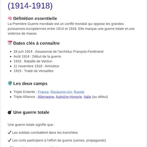 以下が含まれることがあります： 「FICHE DE RÉVISION - 3ème Histoire」というタイトルのドキュメントで、「La Première Guerre mondiale (1914-1918)」というタイトルです。重要な日付、定義、戦争の両陣営のリストが含まれています。