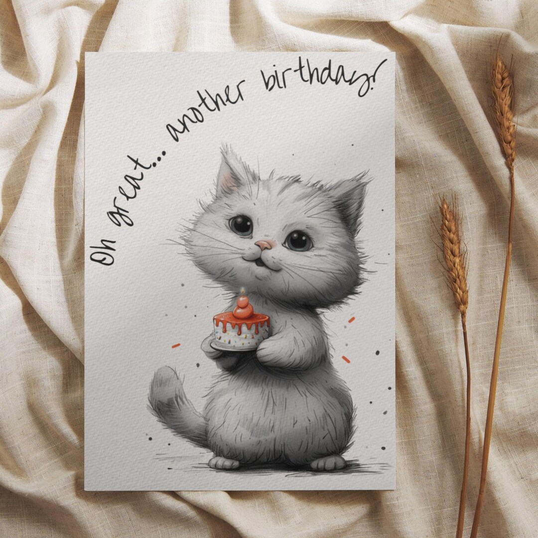 Funny Cat Birthday Card Printable | Whimsical Kitten Holding Cake ...