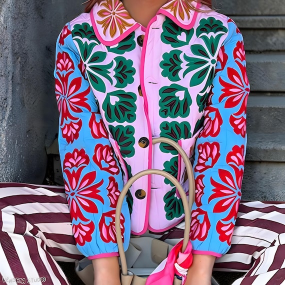 Floral Quilted Jacket - Patterned Cropped Women Outerwear