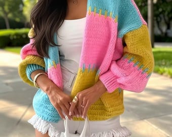 Chunky Colour Block Knit Cardigan - Slouchy Balloon Sleeve Open Front Sweater