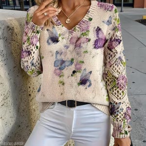 Suéter de punto floral - Jersey de mujer con cuello en V y mangas de encaje