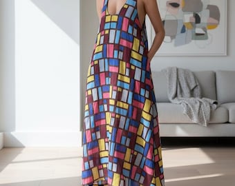 Ärmelloses Maxikleid mit U-Ausschnitt, Bold Geometric Print, Loose Fit Sommerferien Kleid