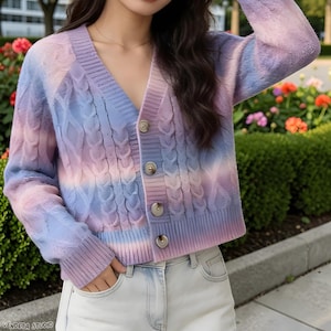Pastel Gradient Cable Knit Cardigan - V Neck Button Front Sweater