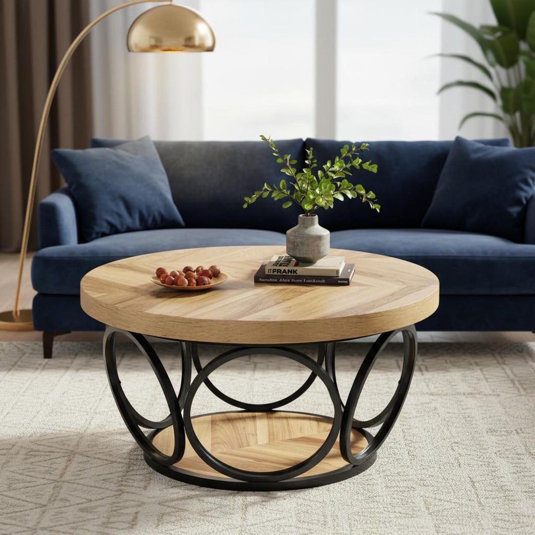 Industrial Round Coffee Table – 2 Tier Wood Storage Shelf, Modern ...