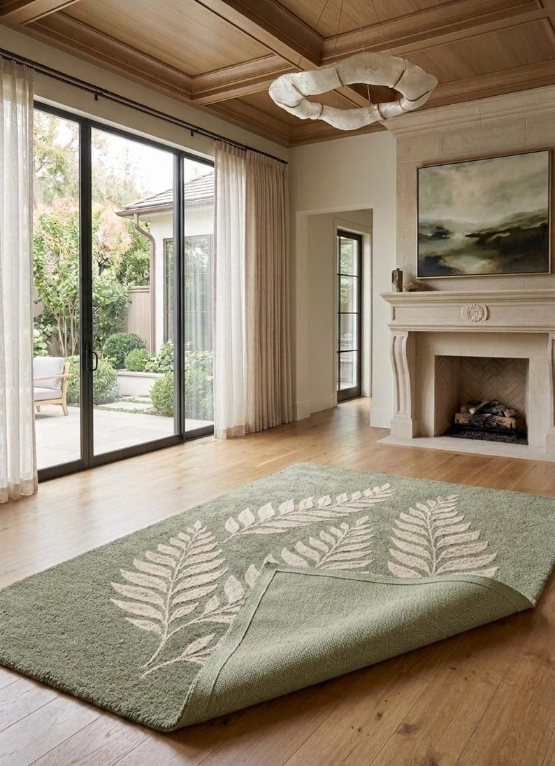 Sage Green Botanical Hand Tufted Rug Leaf Pattern Area Rug Modern Cut ...