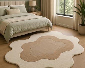 Modern Irregular Area Rug, Abstract Neutral Beige Cream Bedroom Rug, Soft Plush Wavy Shape Carpet, Minimalist Living Room Decor Mat