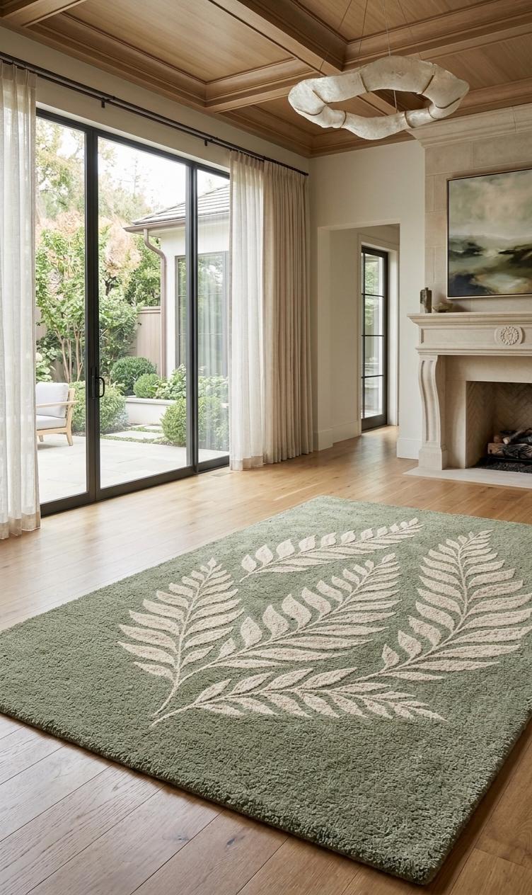 Sage Green Botanical Hand Tufted Rug Leaf Pattern Area Rug Modern Cut ...