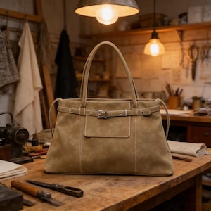 Może przedstawiać: Brązowa zamszowa torba typu tote z prostokątną przednią kieszenią i zapięciem na pasek. Torba ma dwa uchwyty i pasek na ramię. Szwy są w jaśniejszym brązowym kolorze. Torba stoi na drewnianym stole.