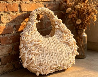 Mermaidcore Muschel gewebt Hobo Tasche 3D Korallen Perle Stroh Handtasche Strand Urlaub Geldbörse Boho Knödel Tasche Sommer Top Griff Kupplung