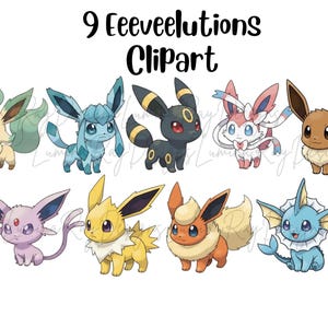 May include: A digital illustration set titled 9 Eeveelutions Clipart featuring nine colorful cartoon creatures. The characters include Leafeon, Glaceon, Umbreon, Sylveon, Eevee, Espeon, Jolteon, Flareon, and Vaporeon, each with distinct features.